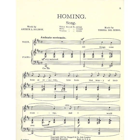 Homing Sheet Music 1917 Arthur L Salmon Teresa del Riego Chappell - Picture 4 of 4